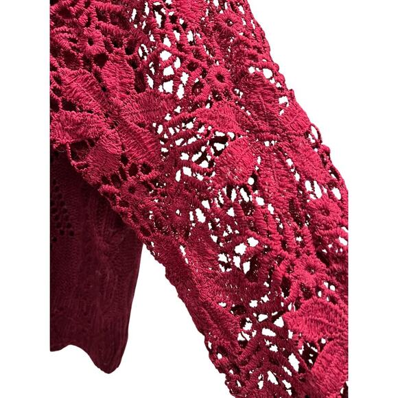 Burgundy red Whimsigoth festival lace sleeve cable knit oversized sweater Sz S - Picture 6 of 9